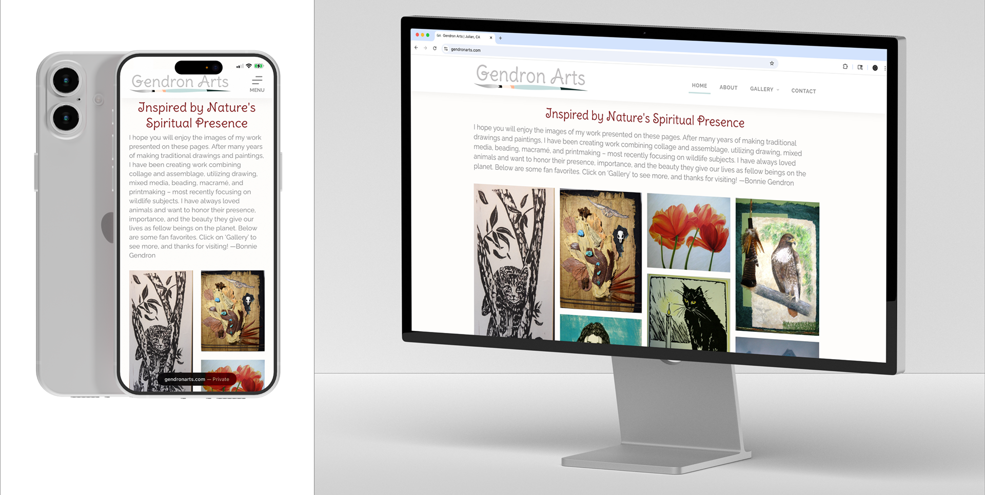 Gendron Arts mobile and desktop site views