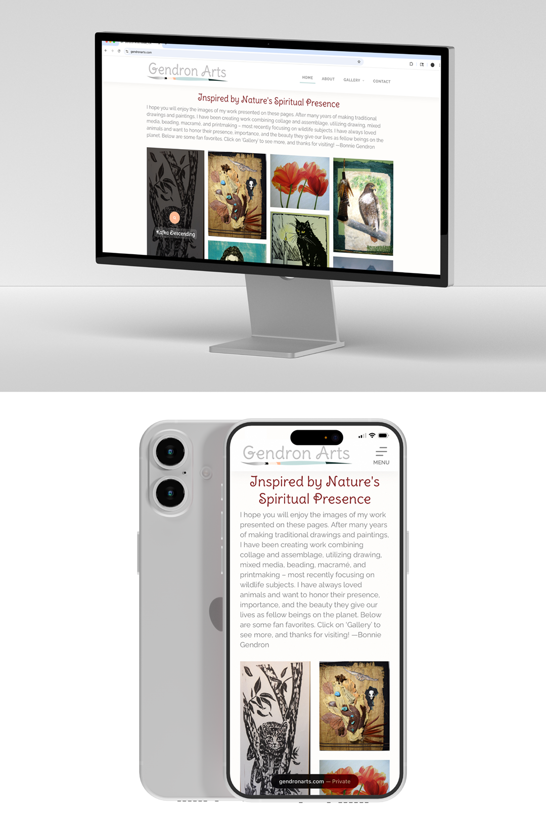 Gendron Arts mobile and desktop site views
