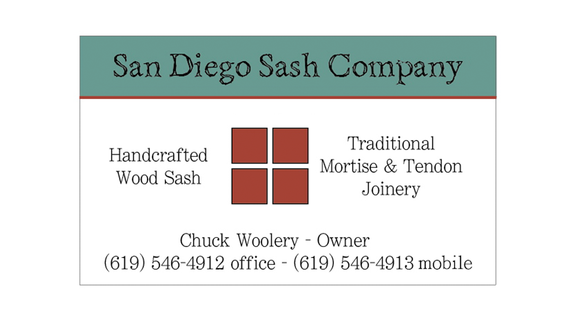 San Diego Sash Company Business Card